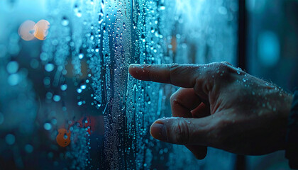 Touch of a Storm: A lone hand traces the ephemeral patterns of condensation on a rain-streaked pane of glass, capturing the intimate connection between human and environment.