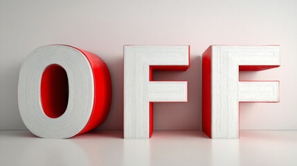 Bold 3D "OFF" text against a bright background, with red edges on white letter forms