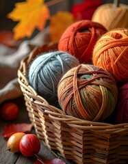 Herbstliche Wollkn&auml;uel liegen in einem Korb,
daneben herbstlich Dekoration.