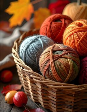 Herbstliche Wollkn&auml;uel liegen in einem Korb,
daneben herbstlich Dekoration.