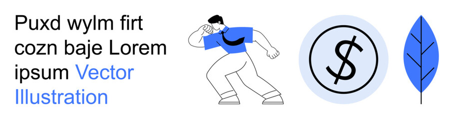 Financial growth, investment opportunities, sustainability, modern design, economic planning, personal finance. A man poses, a dollar sign coin and a leaf are . Financial growth and investment