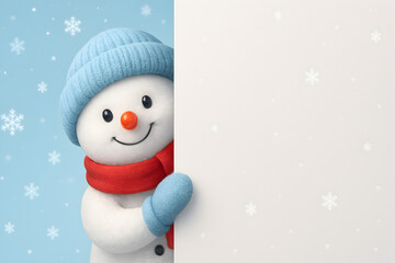 A cheerful 3D rendered illustration of a cute snowman wearing a blue knitted hat and a red scarf, peeking from the left side of the frame against a background that transitions from light blue with fal