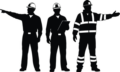 Construction supervisors and safety officers silhouettes directing work and inspecting site, workers in hard hats controlling safety and project management tasks