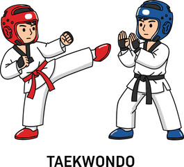 A dynamic vector illustration showing two athletes sparring in Taekwondo, wearing white doboks and protective red and blue headgear during a martial arts competition.
