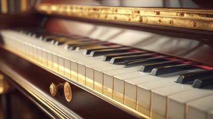 Close-up of a detailed, grand piano. Focus on keys, wood and gold accents