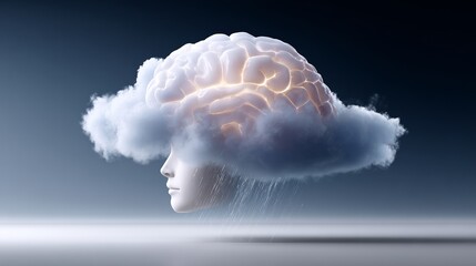 Conceptual illustration of a human head with a brain surrounded by clouds, symbolizing creativity and thought, with a surreal atmosphere and ethereal lighting effects enhancing the visual narrative