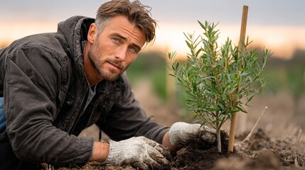 Male gardener planting young tree in soil, wearing gloves and casual attire, surrounded by nature, showcasing dedication to environmental sustainability and growth