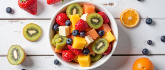 Fresh fruit salad with strawberries, blueberries, kiwi, cantaloupe, and honeydew, served in white bowl, evokes vibrant and healthy lifestyle