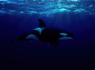 Fototapeta premium Majestic Orca Swimming Gracefully in Deep Blue Ocean Waters