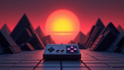Retro gaming controller on grid with synthwave sunset landscape