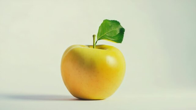 A yellow apple with a leaf stuck into it