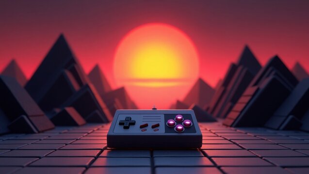 Retro gaming controller on grid with synthwave sunset landscape - Powered by Adobe