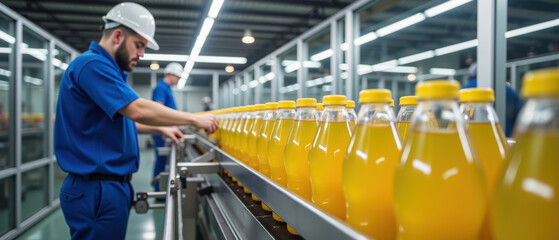 Efficient worker in blue uniform operates production line with orange juice bottles in modern factory. Focus on quality and productivity