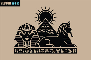 Ancient egyptian icons: pharaoh, sphinx, pyramid under desert sun