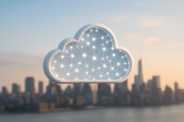 Cloud Computing's Skyline: A futuristic cloud graphic, illuminated with data nodes, floats gracefully above a modern cityscape, symbolizing connectivity, technological progress.