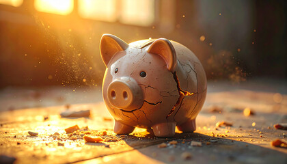 Broken Piggy Bank: A broken piggy bank sits on a surface, symbolizing financial challenges and economic instability, bathed in the soft glow of a diffused light.