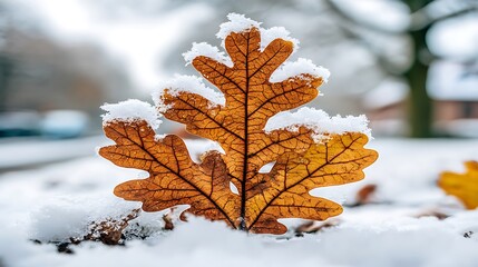 Close-up of a dry, orange leaf covered in fresh snow, in a winter environment