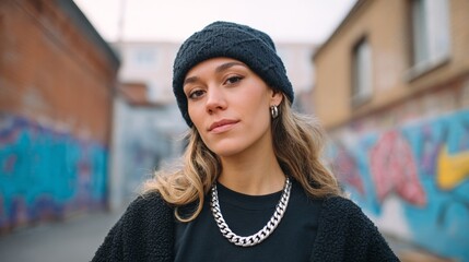 Woman posing in urban setting, wearing black beanie, necklace, earrings, with graffiti wall in background.