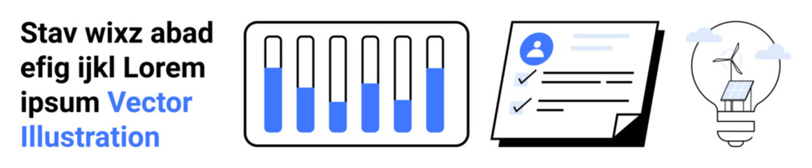 Bar chart with blue segments, document with checkmarks, and lightbulb with wind turbine. Ideal for analytics, productivity, workflow, innovation, sustainability, reports simple landing page