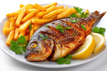 Roasted whole fish, french fries, lemon, and parsley