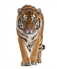 Obraz premium Majestic tiger walking confidently isolated on white background.