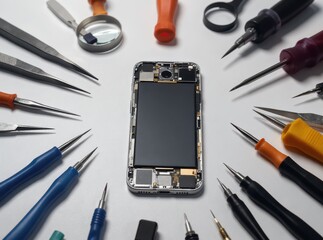 Smartphone Disassembled with Repair Tools Surrounding the Device