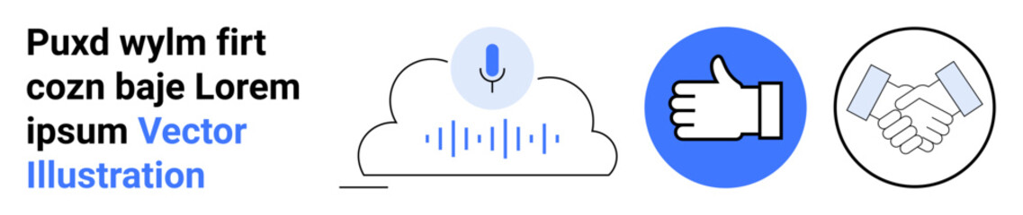 Artificial intelligence, voice recognition, social media, business communication, collaboration, partnership. Microphone in cloud, thumbs-up handshake symbols. Voice recognition and social media
