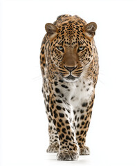 Obraz premium Leopard walking confidently isolated on white background.