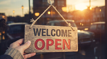 Welcoming small business owner hangs rustic wooden welcome open sign at sunset inviting customers inside