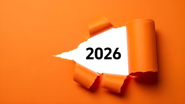 The year 2026 is revealed through a dramatically torn orange paper background, symbolizing a new beginning and the exciting future ahead, capturing a fresh start for time