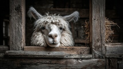Close-up of a fluffy white llama peering through a weathered wooden stable opening, curious gaze