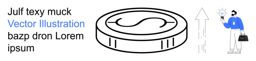 Business strategy, financial growth, innovation, success planning, professional guidance, solution ideas. Coin with arrow rising beside a man holding a lightbulb. Financial growth and innovation