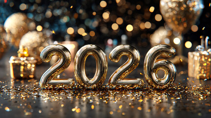 Shiny golden '2026' numerals sparkle amid festive holiday decorations and bokeh lights, celebrating the upcoming new year.