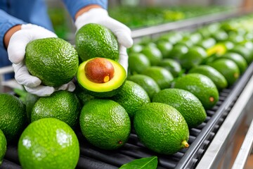 Naklejka premium Employee harvesting fresh ripe avocado on sorting line