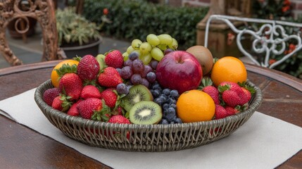 Close-up of a fruit basket on an outdoor table, showcasing variety of colorful fruits