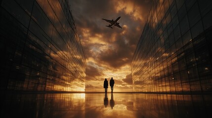 Silhouette of couple standing between modern buildings with airplane in the sunset sky, concept for travel marketing, architectural visualization and urban lifestyle