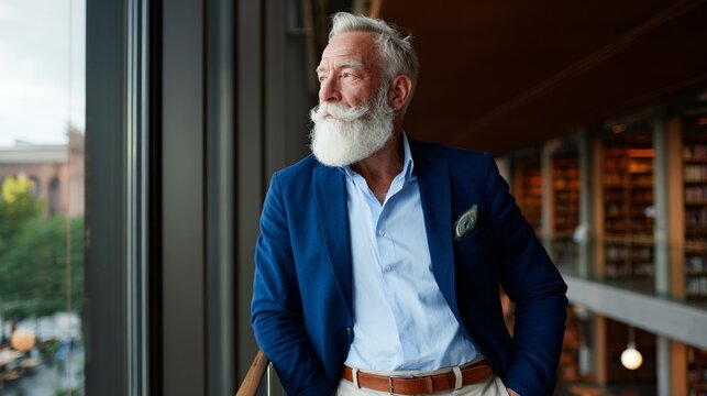 Man with beard and mustache in library.