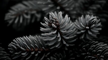 Close-up of a frosted conifer branch, capturing the delicate detail and winter essence