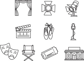 Theater and performance art line icons set stage curtain spotlights dance shoes acting masks © Zakir Ali