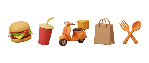 3D rendered illustration of fast food items and delivery service elements on a white background.