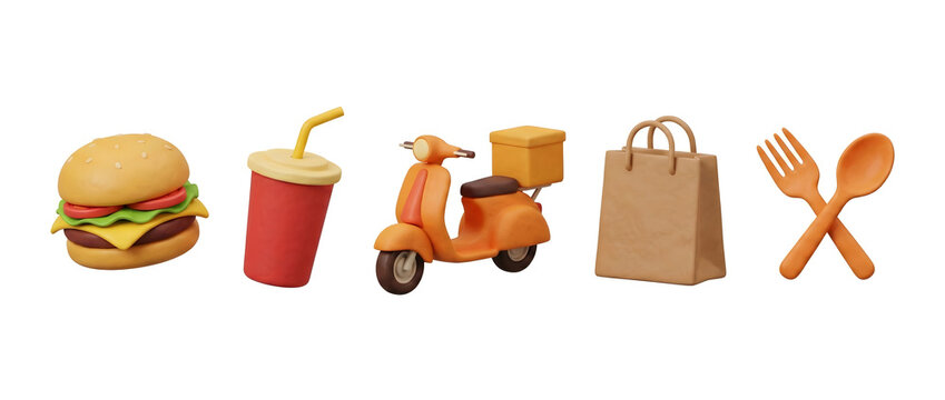 3D rendered illustration of fast food items and delivery service elements on a white background. - Powered by Adobe