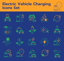 Electric Vehicle Charging Icons Set – EV Charging Station Icons, Eco Energy Symbols, Electric Car Outline Icons, Renewable Power, Battery Charging, Smart Mobility, Eco-Friendly Transport, Green Energy