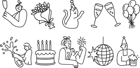Line art icons of celebration: champagne, cake, balloons, disco ball. Festive and fun, perfect for party, celebration, and event themes vector art and illustration