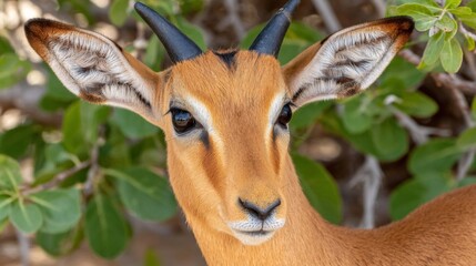Close-up of a gazelle with prominent eyes and horns, nestled among lush, green foliage
