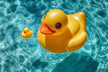 Two yellow rubber ducks floating in bright blue swimming pool water creating circular ripples, concept for summertime fun, childhood memories and poolside relaxation