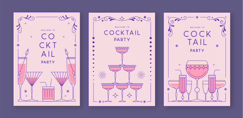 Set of line art retro cocktail party posters with cocktail and champagne glasses. Holiday frames. Vector illustration