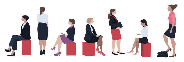 women standing and sitting sideways side view in color for architectural projects in editable vector