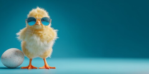 Cute yellow chick wearing sunglasses standing near egg on blue background, concept for easter greeting, spring celebration and avian fashion