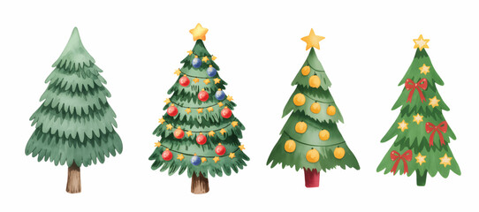 Christmas tree collection glowing with festive winter charm. Watercolor set of cartoon Christmas trees.