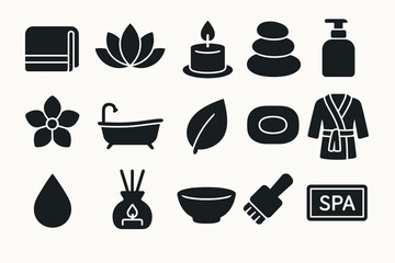 Set of spa and wellness icons including candle, lotus, and bath elements